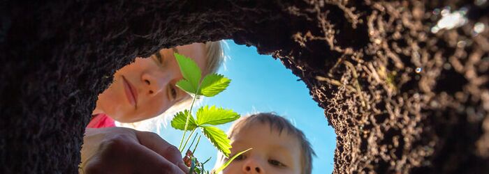 Auch Kinder können schon die Biodiversität fördern. Biodiversität fördern: Eine Frau und ein Kind pflanzen gemeinsam eine Pflanze.