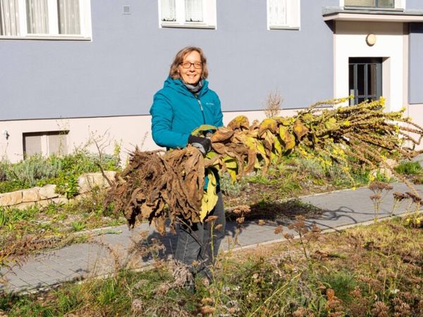 Corinna Hölzer ist vielseitig aktiv, hier bei der Pflege eines Naturgartens im Wohnungsbau.