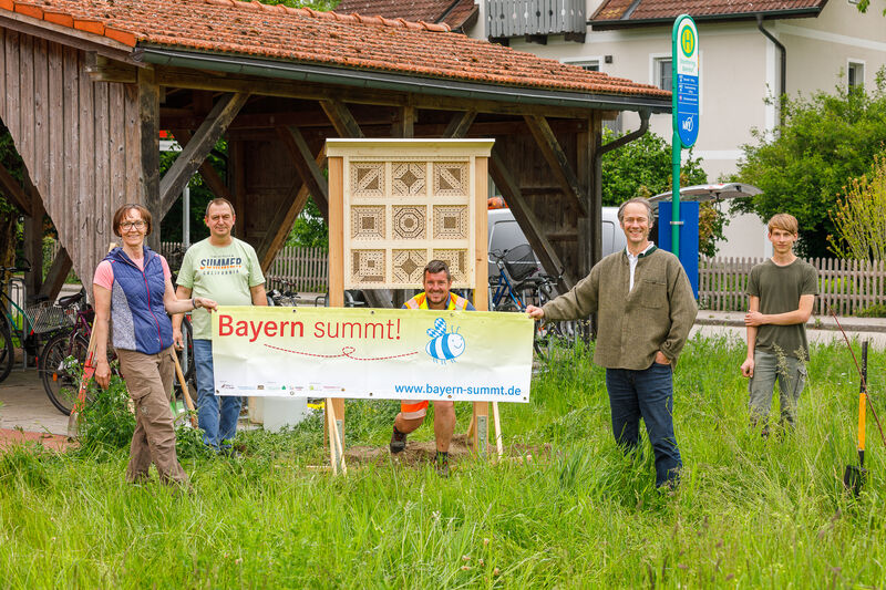 Aufbau einer großen Wildbienennisthilfe im Rahmen von Bayern summt!